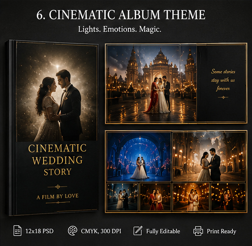 Cinematic album theme wedding album design reference