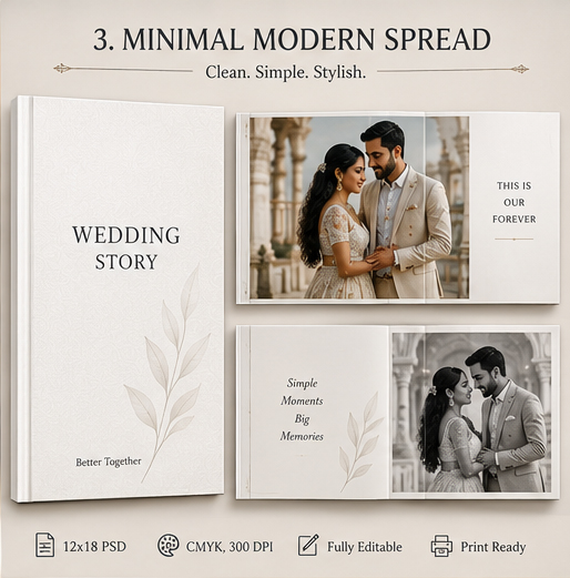 Minimal modern spread wedding album design reference
