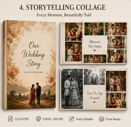 Storytelling collage wedding album design reference